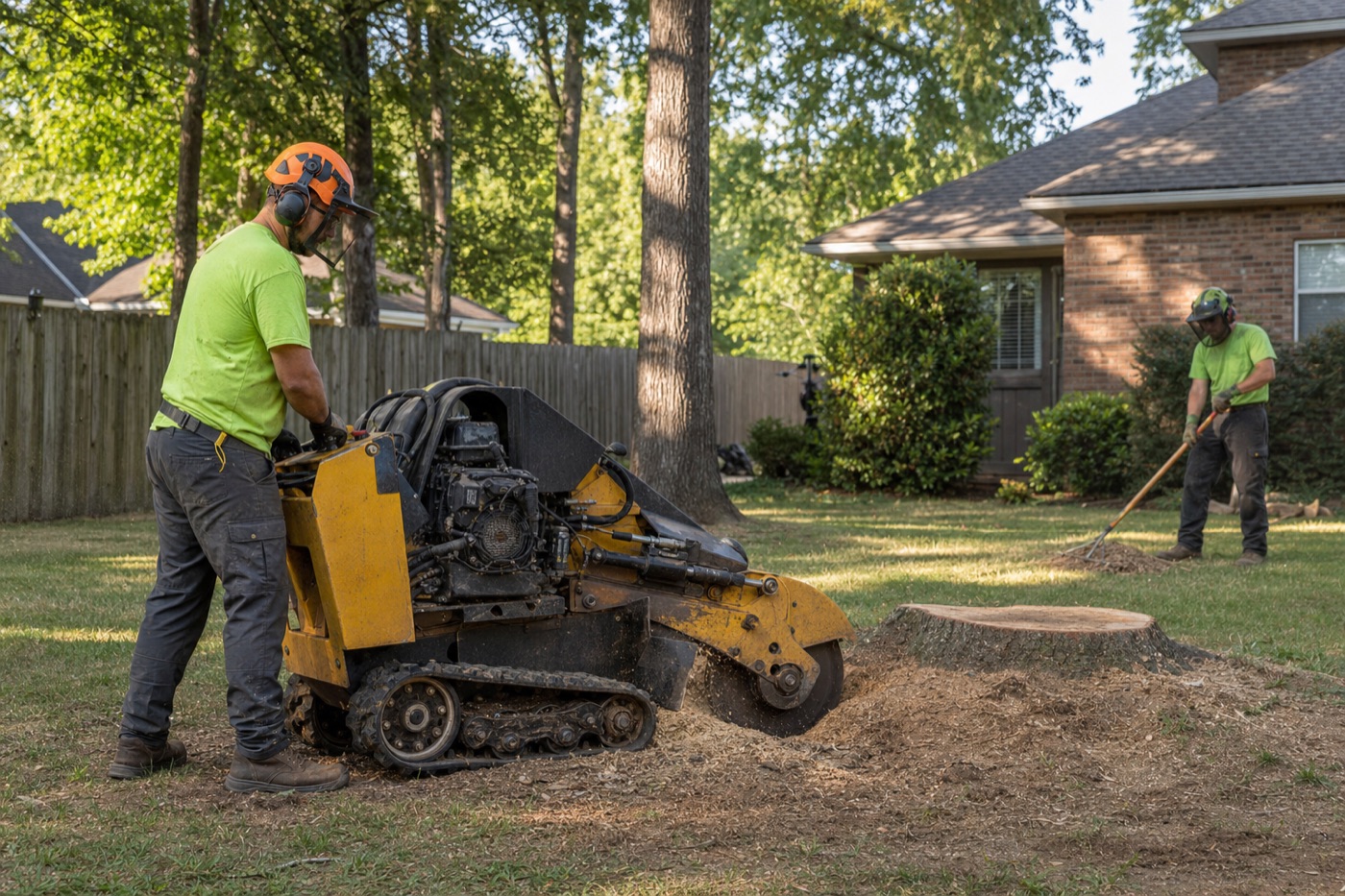 Tree service crew grinding a large stump in a Little Rock residential yard