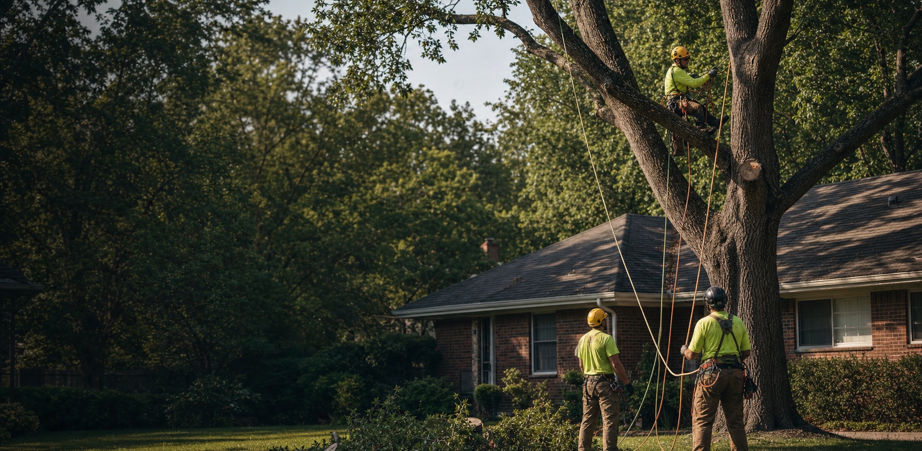 Tree service crew using professional rope rigging on a mature tree beside a Little Rock home