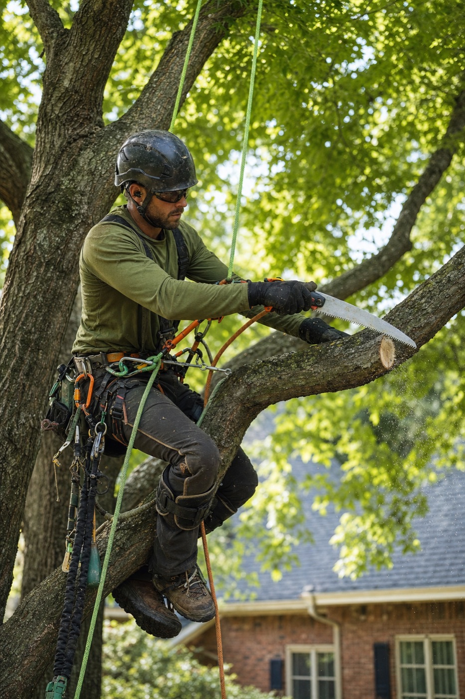 Arborist using a hand saw and climbing ropes to prune a mature hardwood tree